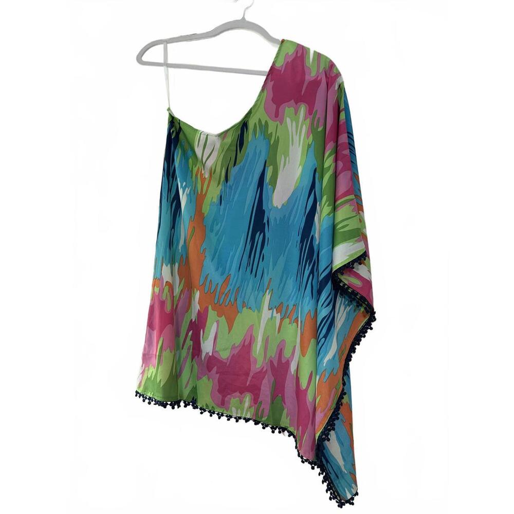 Off-Shoulder Vibrant Watercolor Beach Cover-Up with Pom Poms